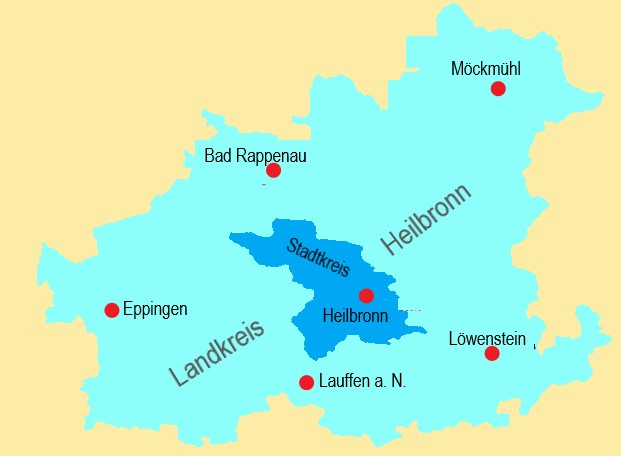 Bild: Dargestellt ist eine Landkarte des Stadt- und Landkreises Heilbronn. Im Zentrum der Karte befinden sich die Stadt und der Stadtkreis Heilbronn. Zur Orientierung sind noch folgende Städte eingezeichnet: Im Norden Bad Rappenau, im Nordosten Möckmühl, Osten bis Löwenstein, im Süden Lauffen und im Westen Eppingen.